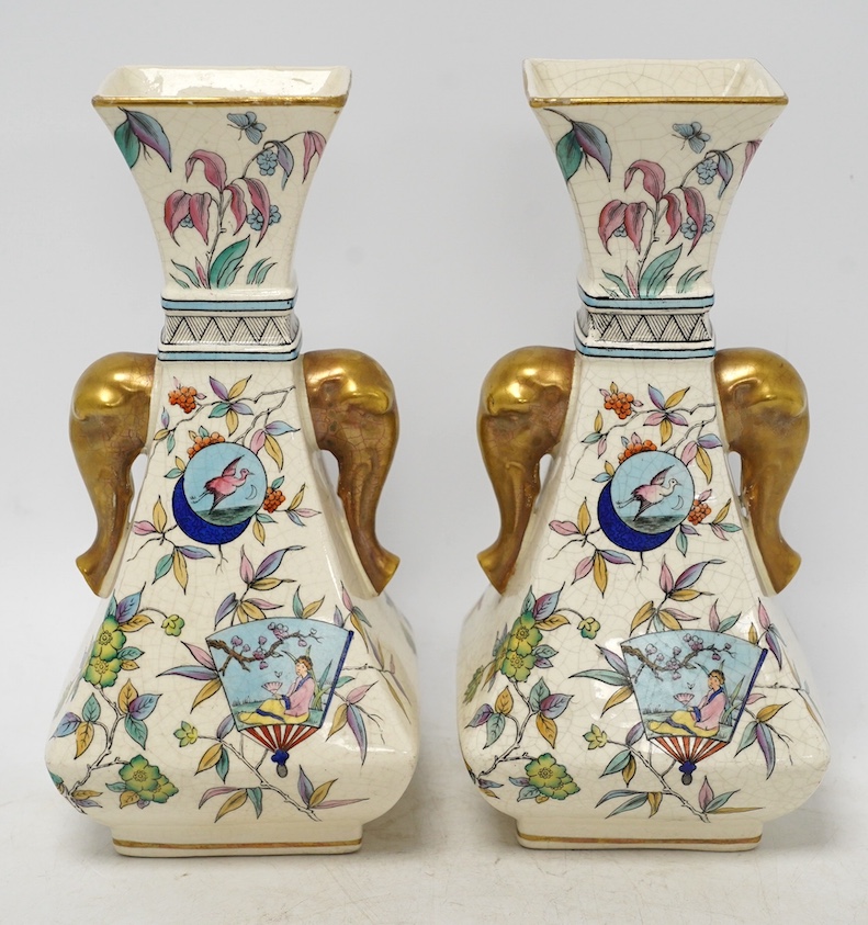 A pair of Christopher Dresser Old Hall crackleware Japanese inspired vases with gilt decorated elephant handles, 24cm high. Condition - good